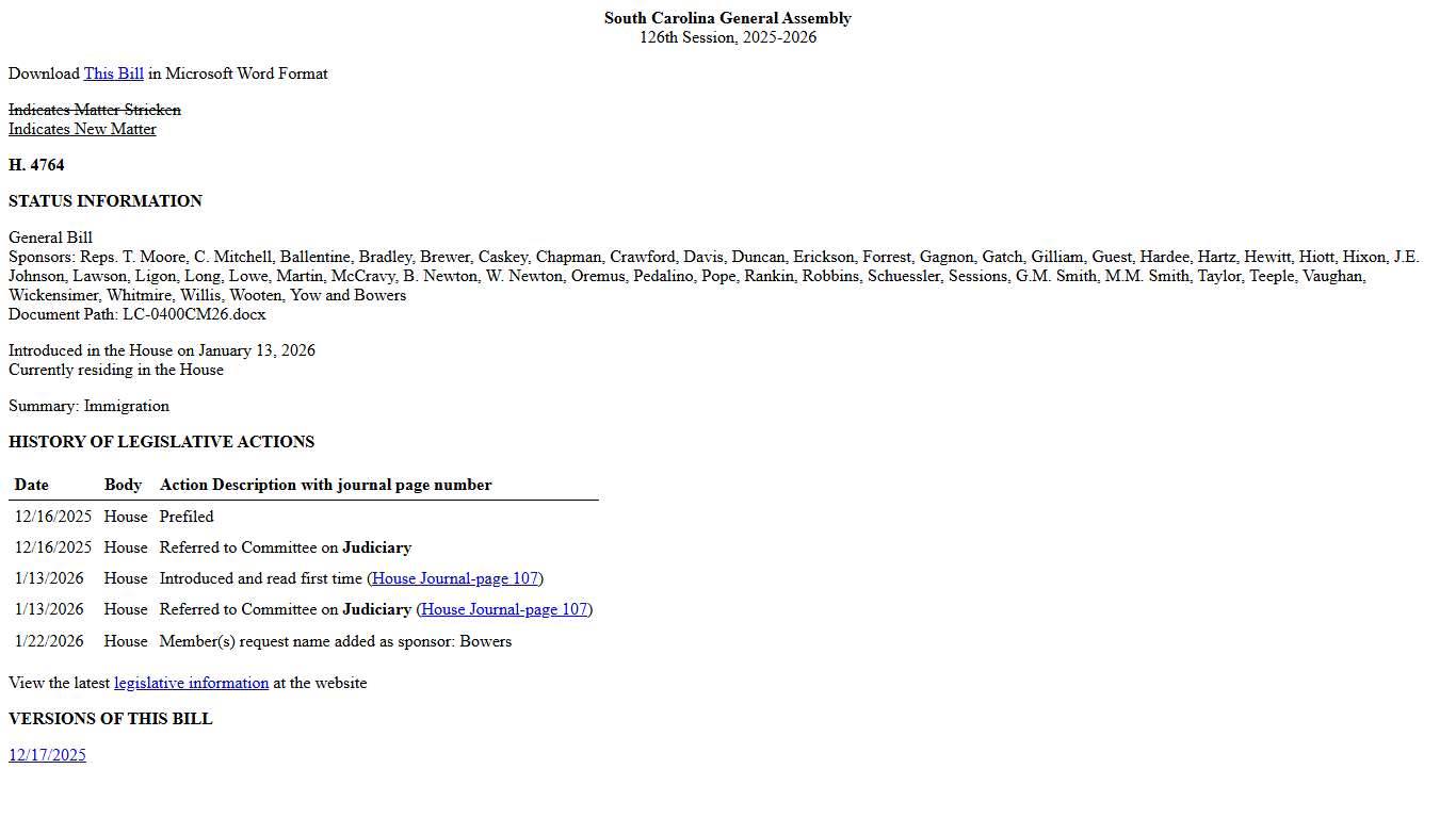 2025-2026 Bill 4764: Immigration - South Carolina Legislature Online